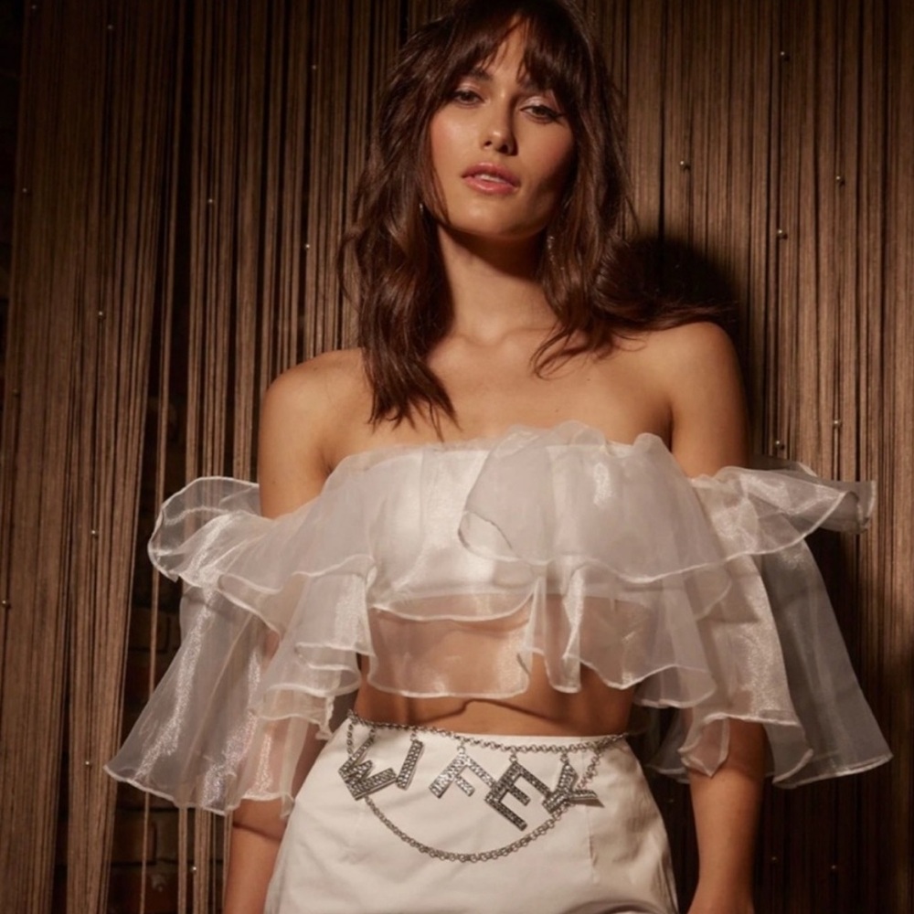 12th Tribe White Ruffle Off-Shoulder Crop Top